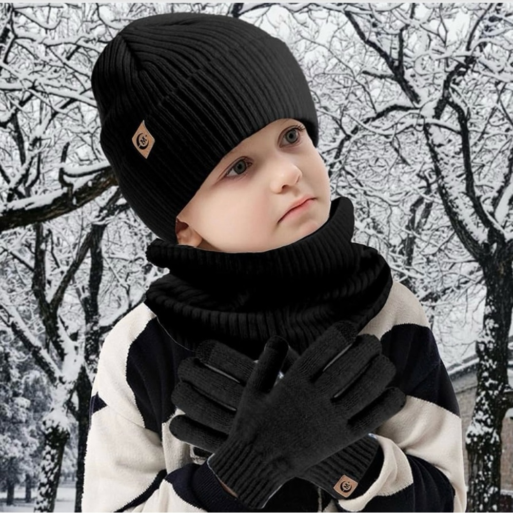 Black soft fleece lined Winter Hat, Scarf, and Gloves Set for Kids